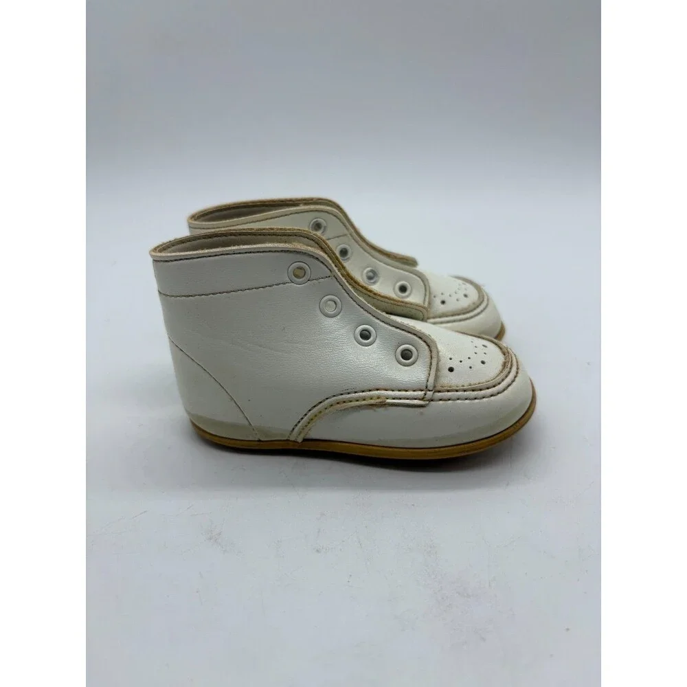 Vintage White 0-3 Booties High Top Crib Shoes Soft Sole Perforated Toe